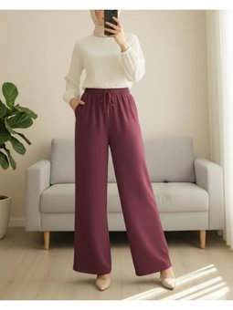 Beli Lastikli Bağcık Detaylı Cepli Bol Paça Tensel Bordo Pantolon