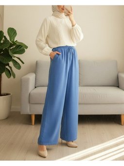 Beli Lastikli Bağcık Detaylı Cepli Bol Paça Tensel İndigo Pantolon
