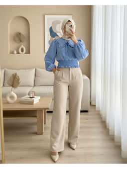 Beli Lastikli Bebe Yaka Uzun Kol Mavi Bluz