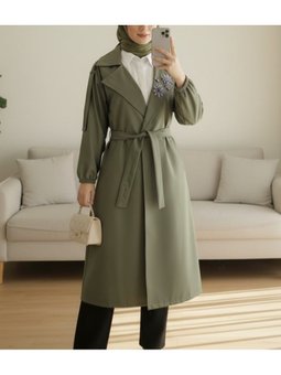 Broşlu Taş Detaylı Balon Kol Haki Trençkot