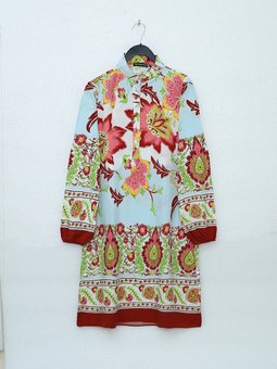 Çiçek Desenli Yarım Düğmeli Pamuk Viskon Kiremit Tunik