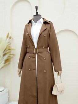 Çift Düğmeli Kemerli Taba Trençkot