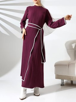 Dik Yaka Örme Krep Beli Bağlamalı İki Parçalı Mor Elbise