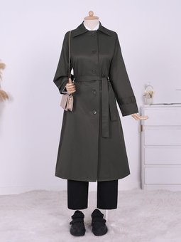 Düğmeli Beli Bağcıklı Kolu Apoletli Haki Trençkot
