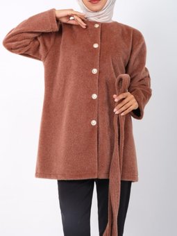 Düğmeli Beli Bağlamalı Kürklü Kahve Ceket
