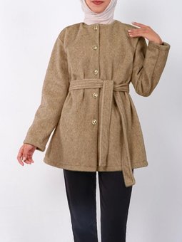 Düğmeli Beli Bağlamalı Kürklü Vizon Ceket