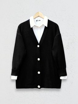 Düğmeli Fitilli Triko Siyah Hırka