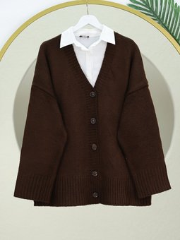 Düğmeli Oversize Triko Kahve Hırka