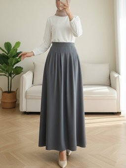 Fermuarlı Cepli Pliseli Krep Gri Etek