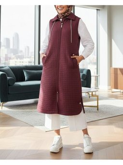 Fermuarlı Kapüşonlu Cepli Uzun Kapitone Bordo Yelek