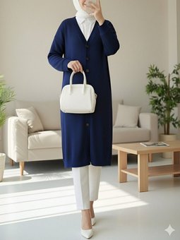 Fitilli Burgu Kumaş Düğmeli Uzun İndigo Hırka