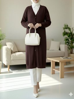 Fitilli Burgu Kumaş Düğmeli Uzun Mürdüm Hırka