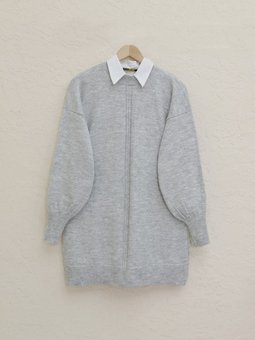 Gri Bisiklet Yaka Balon Kol Şeritli Yumoş Kazak