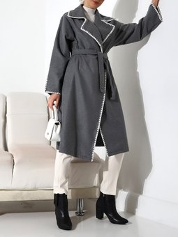 Gri Çoban Dikiş Belden Bağlamalı Kaşe Kaban