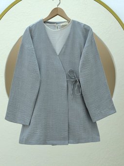 Gri Yandan Bağlamalı Keten Kimono