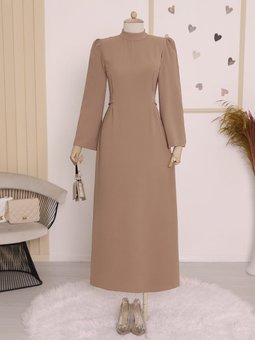 Hakim Yaka Belden Bağlamalı Vizon Elbise