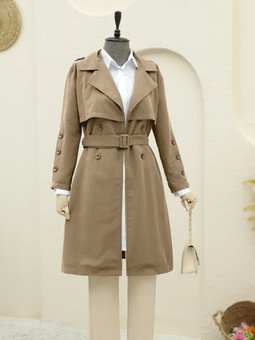 İç Astarlı Düğmeli Kemerli Vizon Trençkot