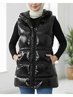 İçi Astarlı Önü Fermuarlı Cepli Rugan Siyah Yelek