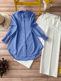 İndigo Kol Manşeti Drapeli Oval Kesim Gömlek