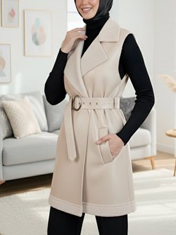 Kalın Kemerli İçi Kürklü Cepli Deri Bej Yelek