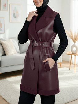 Kalın Kemerli İçi Kürklü Cepli Deri Mürdüm Yelek