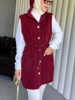 Kapüşonlu Cepli Beli Bağlamalı Sakallı Bordo Yelek