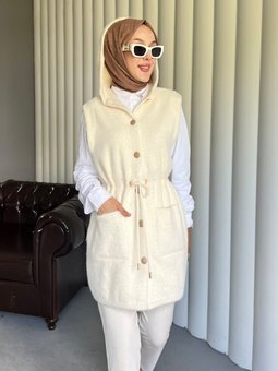 Kapüşonlu Cepli Beli Bağlamalı Sakallı Ekru Yelek