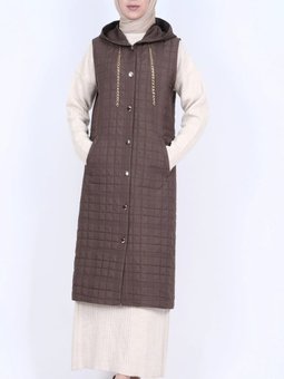 Kapüşonlu Zincir Detaylı Cepli Kapitone K. Kahve Yelek