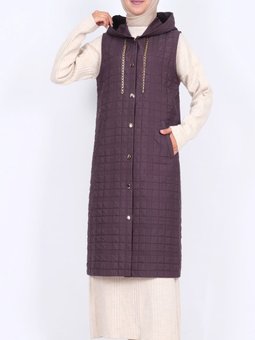 Kapüşonlu Zincir Detaylı Cepli Kapitone Mürdüm Yelek