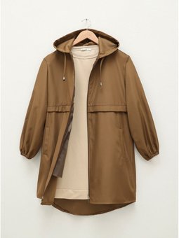 Kolu Lastikli Astarlı Kapüşonlu Taba Trençkot