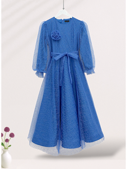 Mavi Kolu Lastikli Kuşaklı Simli Kabarık Tül Abiye Elbise