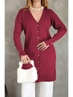 Metal Düğmeli Yırtmaçlı Triko Kırmızı Hırka