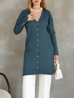 Metal Düğmeli Yırtmaçlı Triko Petrol Hırka