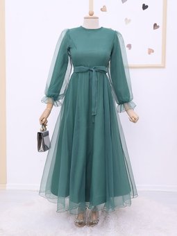 Mint Kabarık Kol Ve Etekli Kuşaklı Tül Abiye Elbise