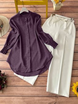 Mürdüm Kol Manşeti Drapeli Oval Kesim Gömlek