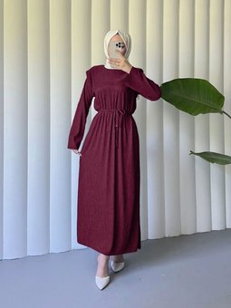 Omuzu Vatkalı Bağcıklı Bürümcük Bordo Elbise