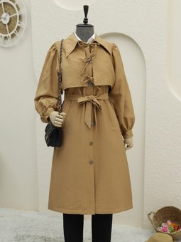 Önü Bağlama Detaylı Düğmeli Cepli Taba Trençkot