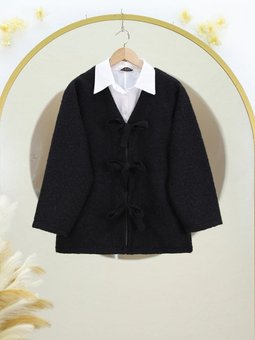 Önü Bağlamalı Kırçıllı Kaşe Siyah Ceket