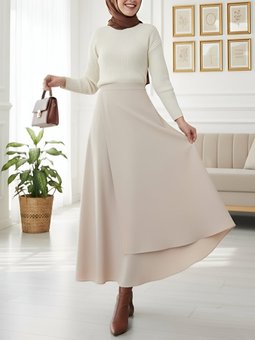 Önü Çapraz Çift Katlı Scuba Bej Etek