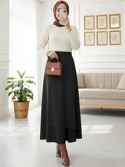 Önü Çapraz Çift Katlı Scuba Siyah Etek