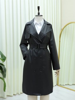 Önü Düğmeli Kemerli Astarlı Deri Siyah Pardesü