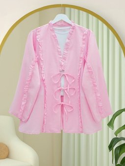 Önü Ve Kolu Fırfırlı Bağlamalı Keten Pembe Gömlek