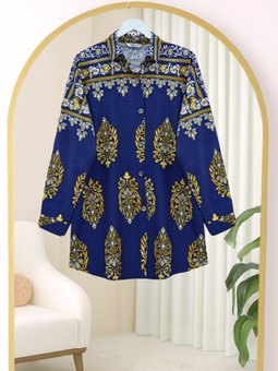 Oval Kesim Boydan Düğmeli Viskon İndigo Tunik