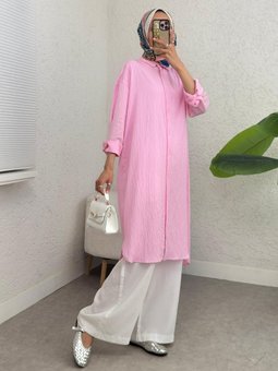 Oval Kesim Karaş Uzun Salaş Pembe Tunik