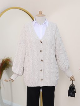 Saç Örgülü Düğmeli Triko Taş Hırka