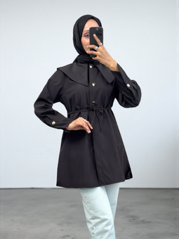 Siyah Geniş Yakalı Beli Bağlamalı Bonding Kap