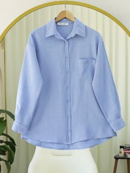 Tek Cepli Düğmeli Keten Bebe Mavi Gömlek