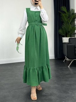 Top Düğmeli Altı Fırfırlı Beli Kemerli Jile Yeşil Elbise