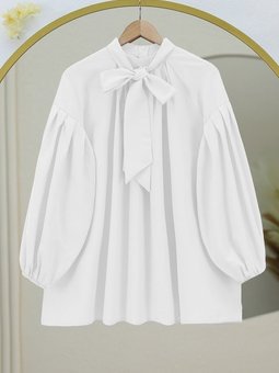 Yakası Bağcıklı Kolu Lastikli Beyaz Tunik
