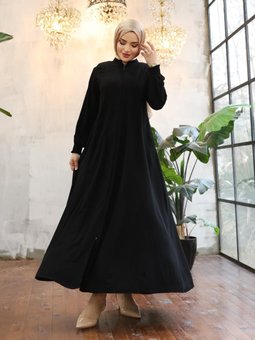 Yan Cepli Boydan Fermuarlı Kolu Lastikli Siyah Ferace